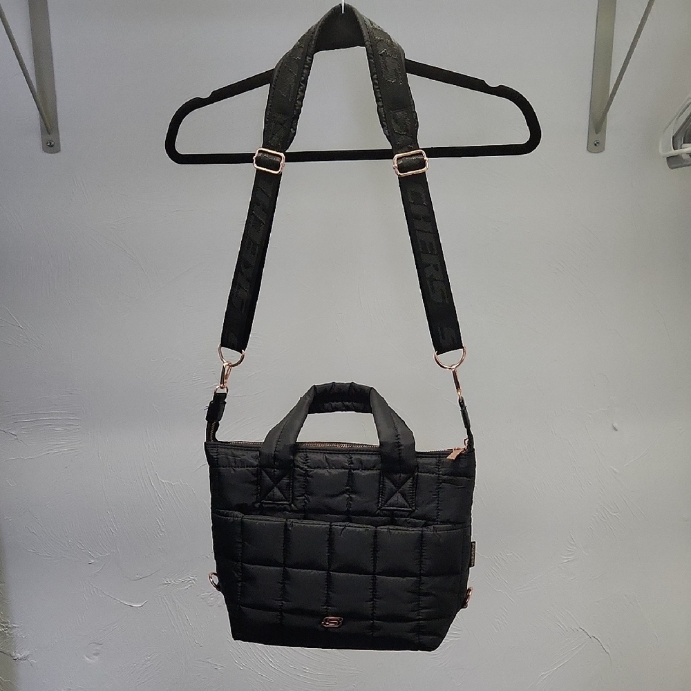 Skechers Black Quilted Tote Bag with Adjustable Strap Rose Colored Metal Trim